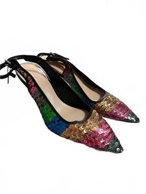 NWT Zara Women's Multicolor Sequin Slingback Kitten Heel Pumps, Size US 9